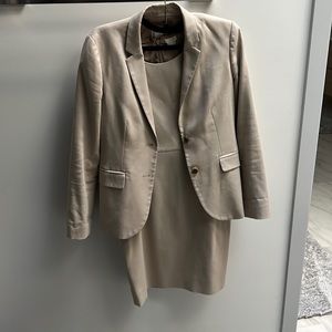 Three piece j crew khaki suit jacket, dress, and pants